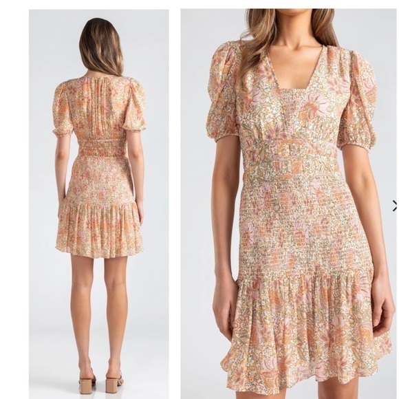 SHOSHANNA Aubrey metallic smocked puff sleeve mini dress size 4 - Picture 3 of 9